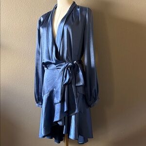 Lucy Paris Blue Satin Wrap Dress with Ruffle Hem